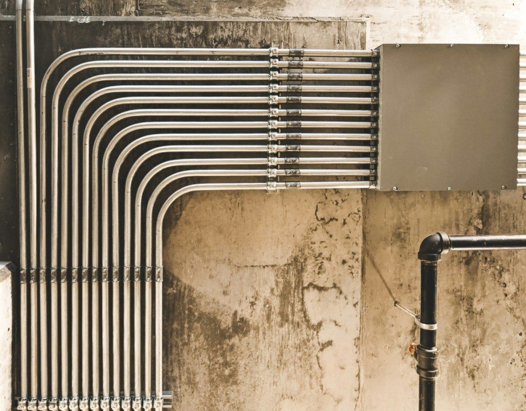 silver water pipes on marble wall